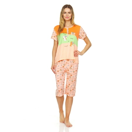

Lati Fashion Women Capri and Short Sleeve Top 2-Piece Female Pajamas Set Orange L