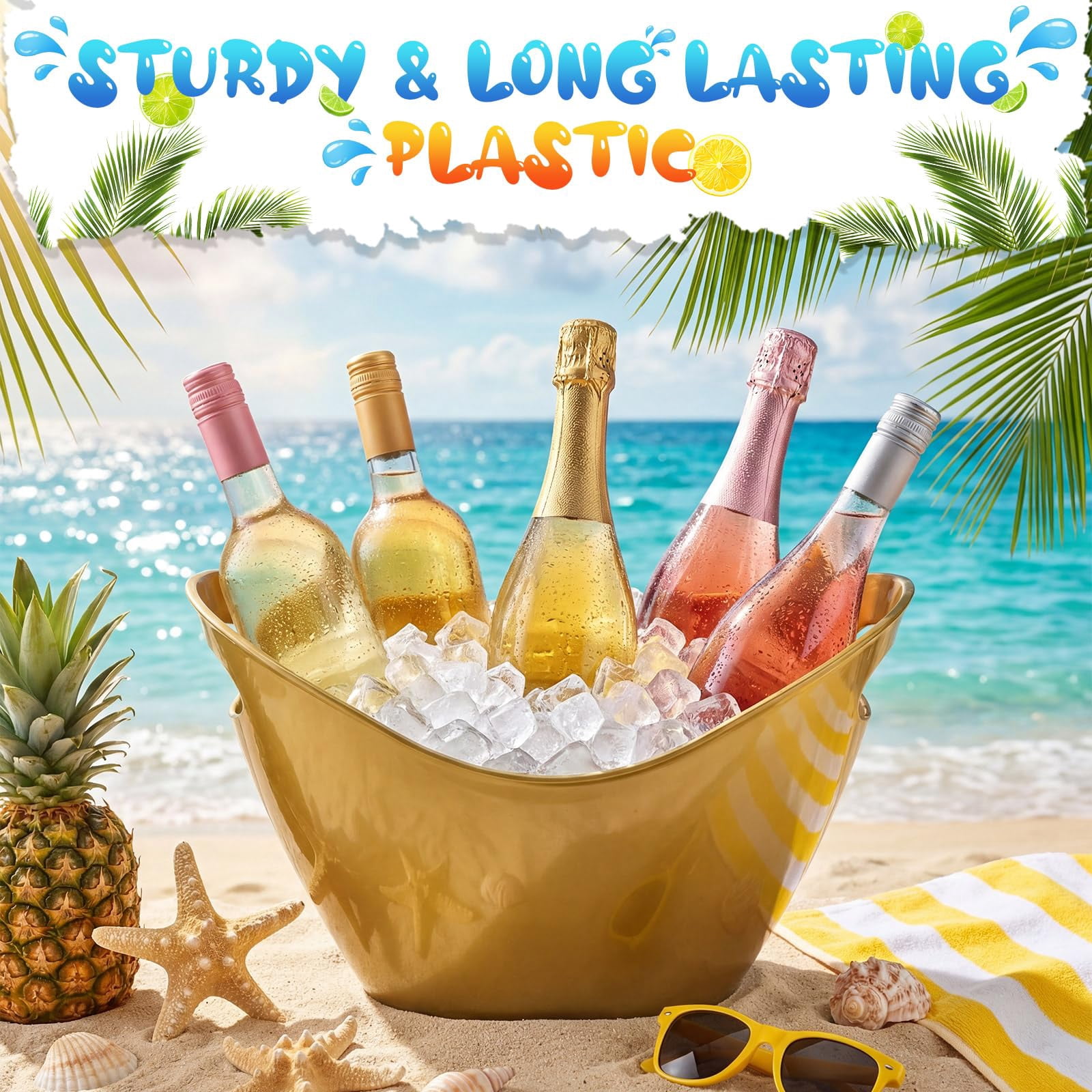 24 Pcs Oval Storage Tub with Handles 4 L Plastic Ice Bucket, Wine, Beer, Champagne Drink Cooler for Parties, Beverage Storage Basket Wine Buckets for Indoor Outdoor Cocktail Bars(Gold)