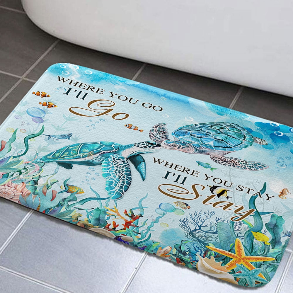 Turtle Bathroom Rug Mat, Underwater Seaweed Seashell NonSlip Bath Carpet, Marine Animals Teal
