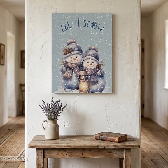 Ships Next Day Canvas Wall Art 16"x24", Christmas Snowman Wood Framed Canvas Print Painting, Winter Snowflake Blue Rustic Burlap Ready to Hang Picture Wall Decor for Home Bedroom Living Room Dining