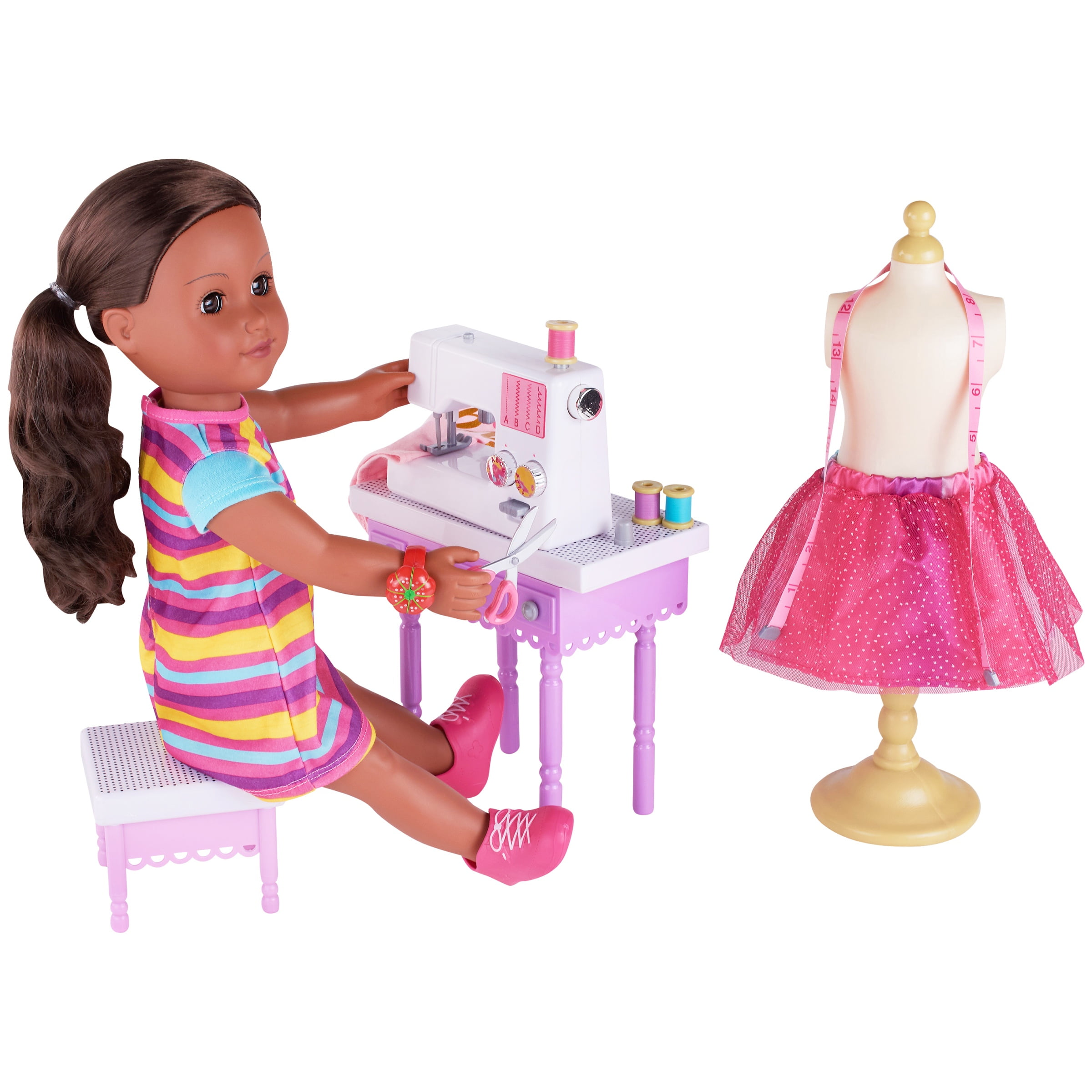 Fashion Designer Doll 3x Doll Dresses And Small Accessories 11.5 Fashion Dress-up Doll Christmas Birthday Gifts for Girls Aged 3 4 5 6 7 Tailor Doll Playset with Sewing Machine and Chair
