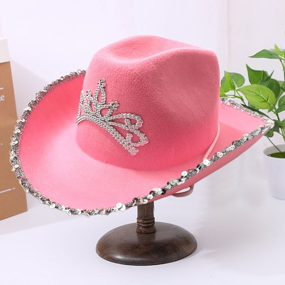 Skymirror Cowgirl Hat Drawstring Rhinestone Cowboy Costume Accessories Western Style Pink Cowboy Cap for Dress-Up Party
