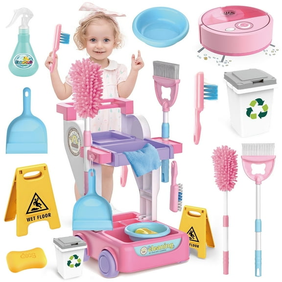 Flooyes Kids Cleaning Toys Set, 22pcs Pretend Play Housekeeping Cart Toys, Birthday Gift For Kids 3-12 Years Old Pink