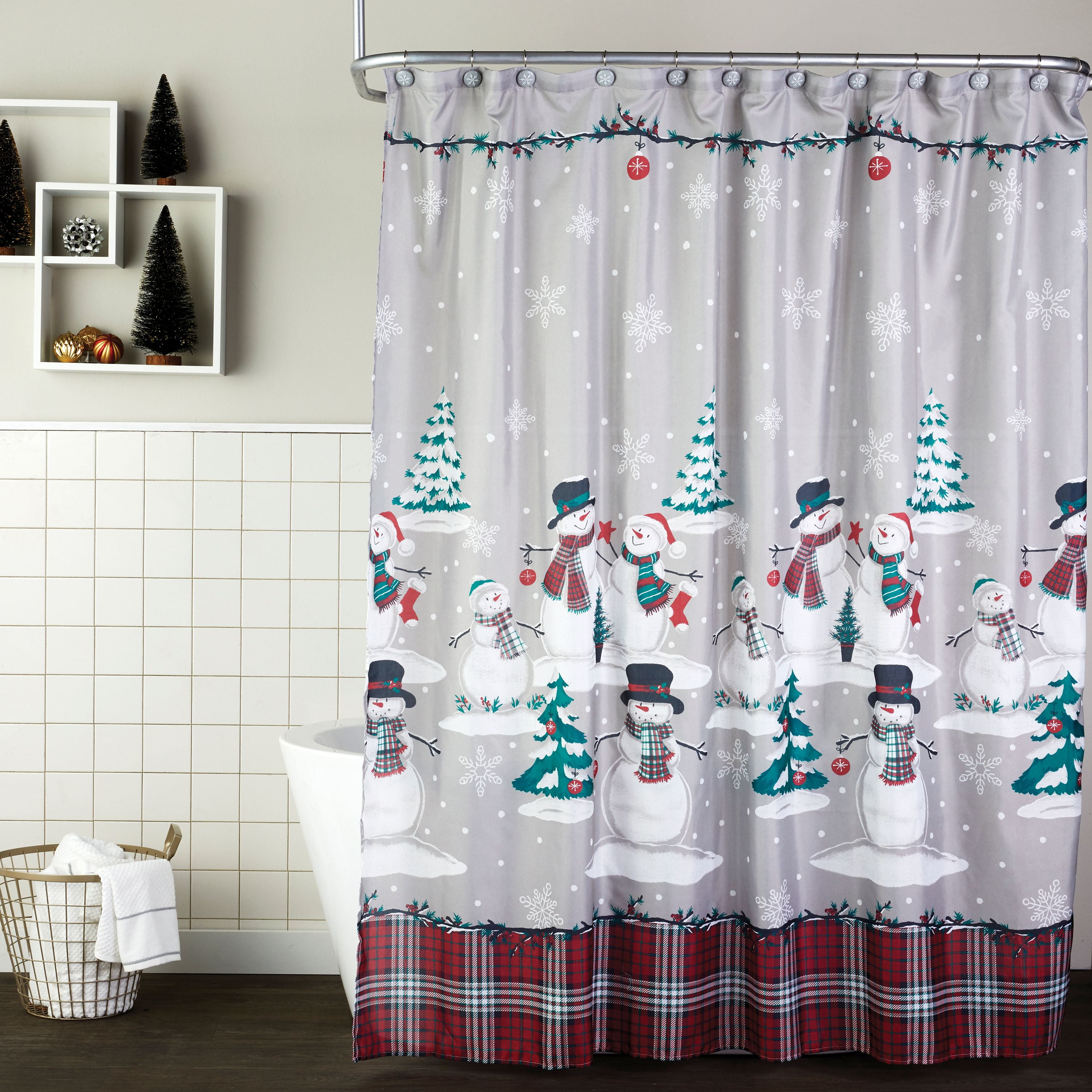 Red Truck Evergreens & Candy Cane Sparkly Christmas Fabric Shower Curtain 