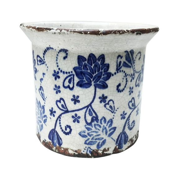 old world hand pressed blue and white ceramic flower print planter or pot with flared lip