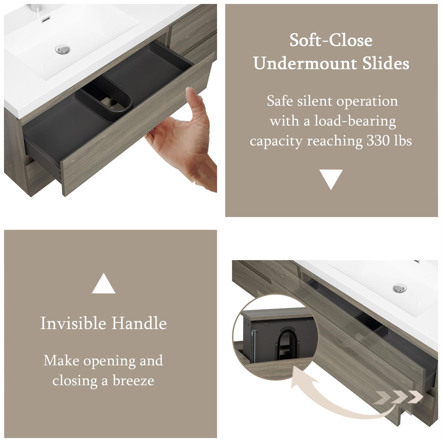 Demi Bonn 72" Floating Bathroom Vanity with Sink, Double Resin Top Basin and 4 Soft Close Drawers, Faucets and Drains Not Included, Gray