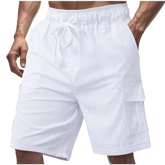 BXINGOHAI Men's Cargo Shorts with Elastic Waistband - Work Shorts with Pockets no Lined Stretch Outdoor Hiking Shorts White,S