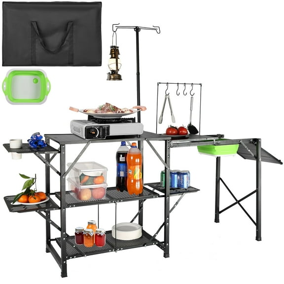 BOBOKY Camping Kitchen Table with Sink, Folding Portable Cook Station with Shelves for Outdoor Picnic BBQ Overlanding.