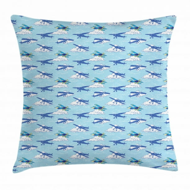 Vintage Airplane Throw Pillow Cushion Cover Aircraft Silhouettes Flying In The Sky Above The Clouds Decorative Square Accent Pillow Case 20 X 20 Inches Dark Blue Pale Blue Yellow By Ambesonne