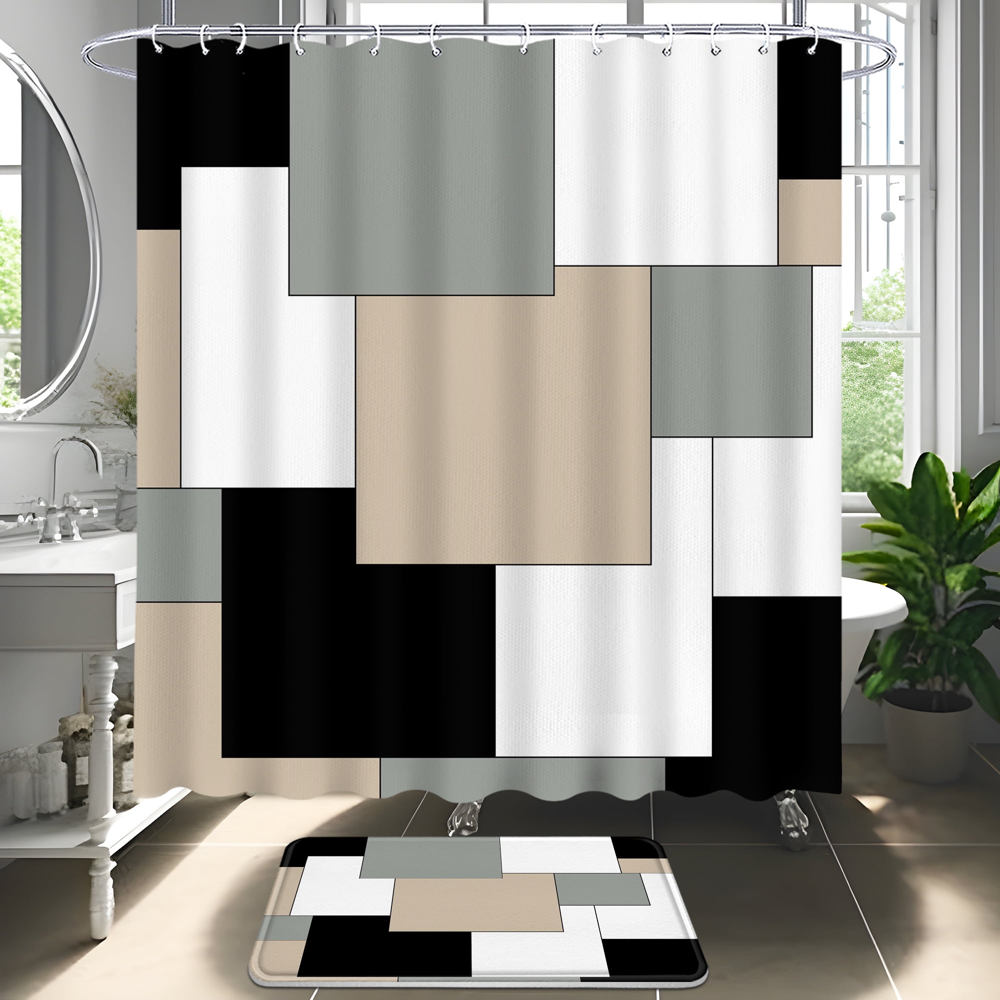 Poedist 4Pcs Shower Curtain Set, Bathroom Sets with Shower Curtain and Rugs, with Non-Slip Rugs,Toilet Lid Cover,Bath Mat and 12 Hooks,71 x 71 inch, Geometric Gray