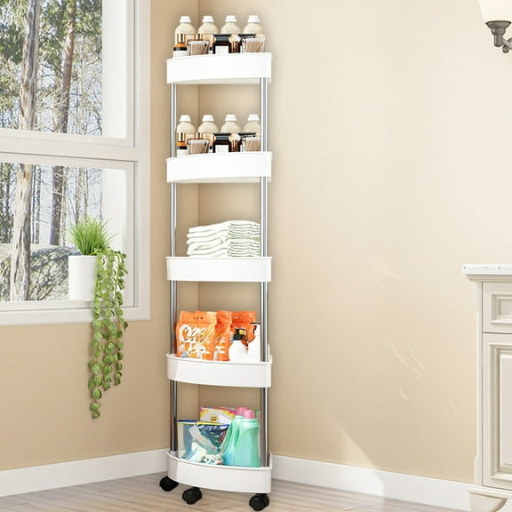 Gallickan Corner Shower Organizer, 5-Tier Detachable Shelf with Wheels, Bathroom Stand with Drainage Holes, Space Saver, White