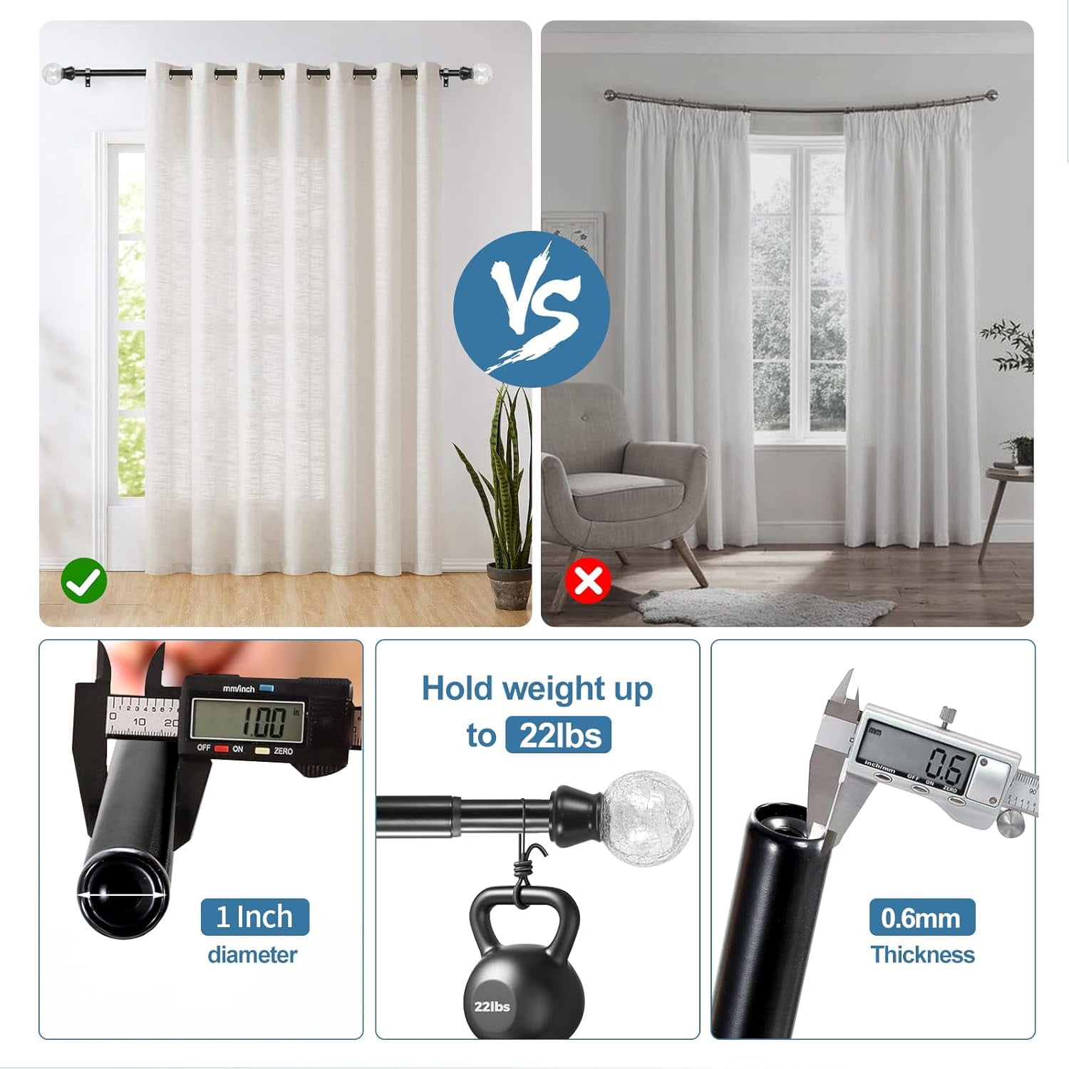 Urbanest Adjustable Double Curtain Rod Set Crackle Glass Manhattan Finials – 1″ Front & 3/4″ Back Rod With Black Rod, 28–48 Inches