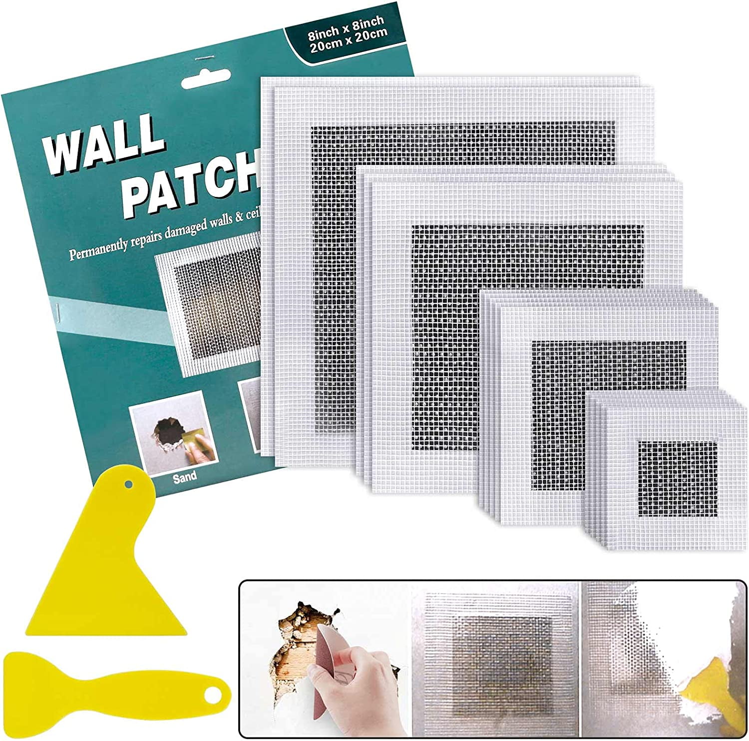 HSHDLDF 15 Pcs Drywall Repair Kit, 2/4/6/8 Inch Self Adhesive Fiberglass Mesh Wall Repair Patches, Drywall Tools Wall Hole Quick Repair Aluminum Plate Repair Patch for Damaged Drywall Ceiling
