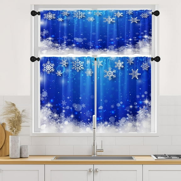 Christmas Snowflakes Kitchen Curtains Window Curtains and Valances Set 36 Inch, Winter Snow Blue Xmas Short Tier Curtain for Kitchen, Christmas Small Kitchen Decor