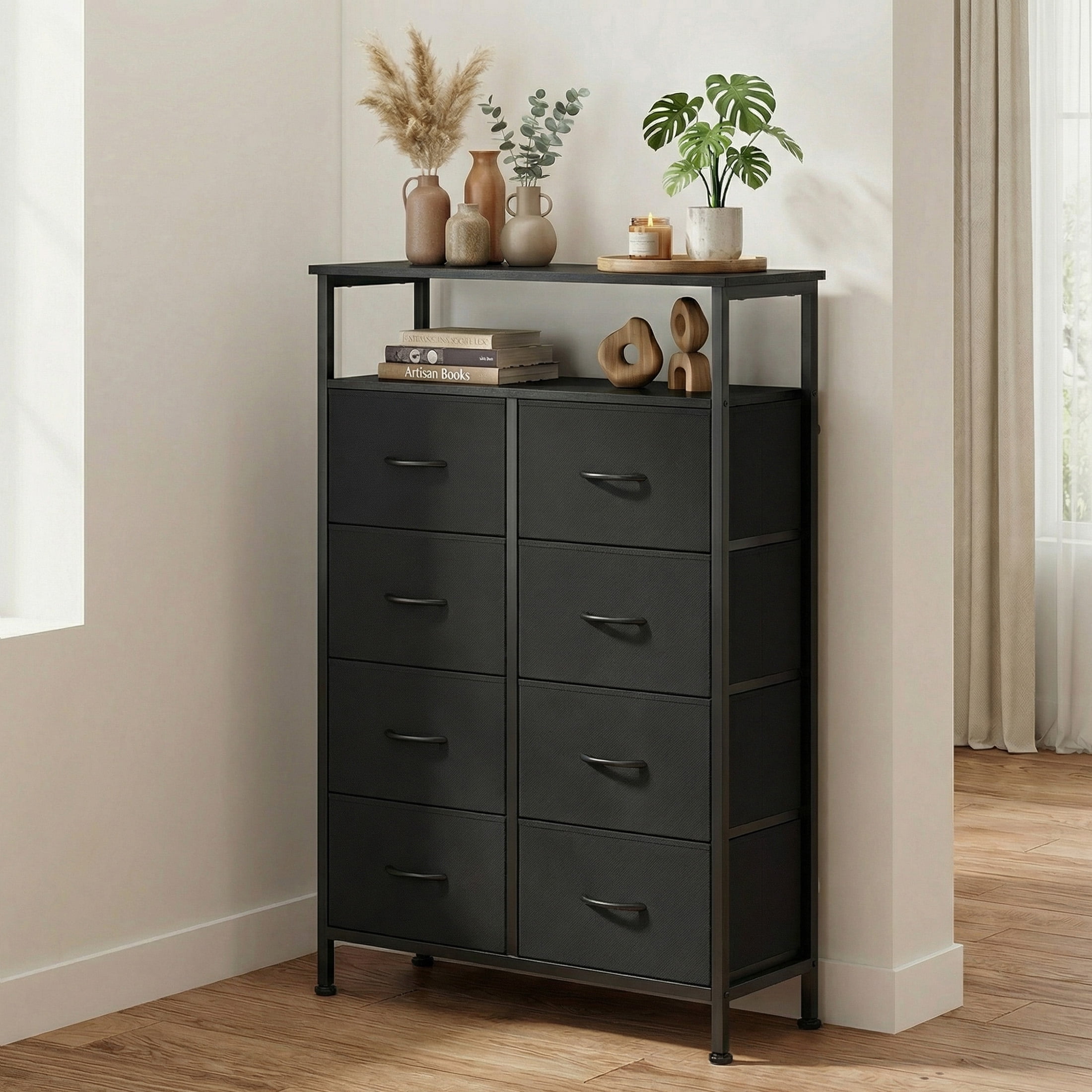 CONCETTA 8 Drawers Fabric Dresser with Open Shelves, Tall Storage Tower for Bedroom Closet, Living Room Entryway Hallway, Black