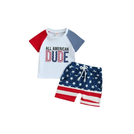 

wybzd 4th of July Baby Boy Clothes Letters Print T Shirt Top With Stars Striped Shorts Fourth of July Outfit White 18-24 Months