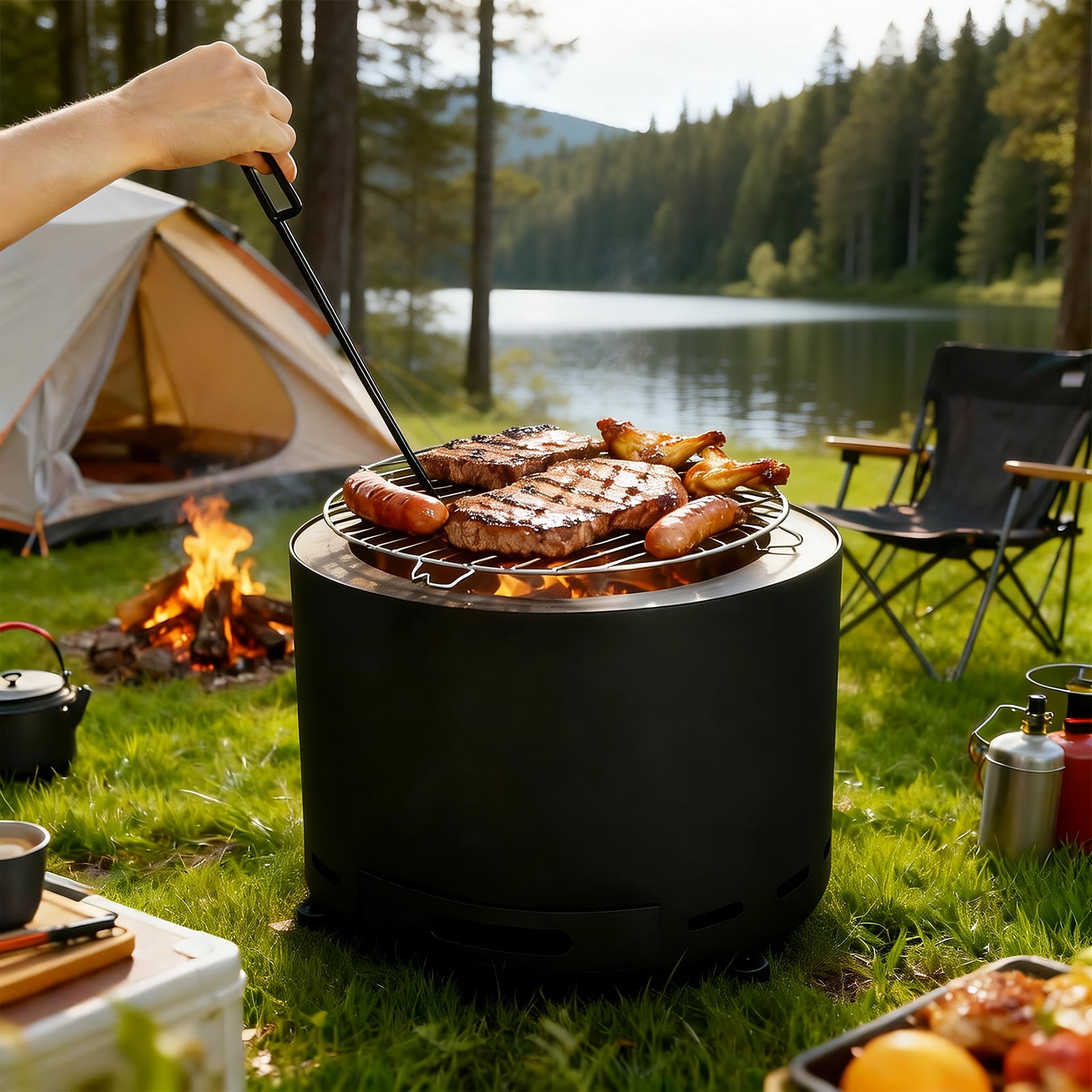 PATIO-IN 19 Inch Smokeless Fire Pit, Black Smokeless Firepit Outdoor with Poker Grill Grates and Carry Bag , Portable Outdoor Camping Fire Bowl for Patio Backyard Garden
