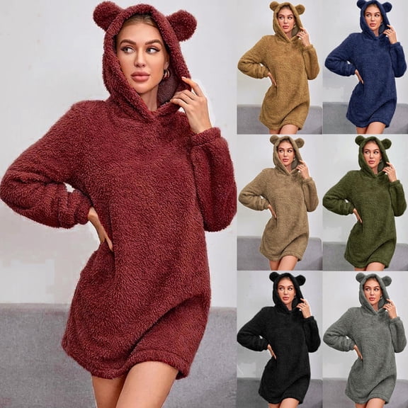 Juebong Sherpa Fleece Hoodie Dress for Women Cute Ears Trendy Pullover Faux Fur Warm Winter Oversized Sweatshirt Dresses Army Green,L