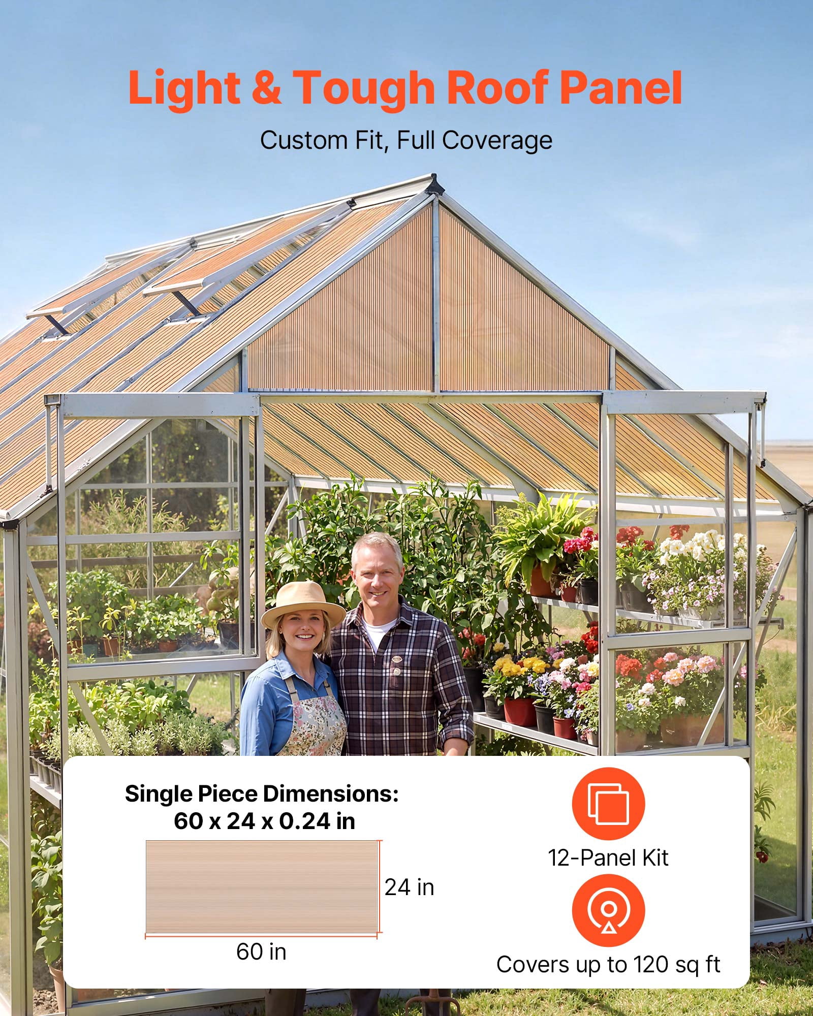 VEVOR Roof Panels, 12Pcs Polycarbonate Roofing Panels Double Layer, High Impact Corrugated Plastic Greenhouse Replacement Cover, Waterproof for Gazebos, Chicken Coops, Home, Garden (5' x 2' x 0.24")