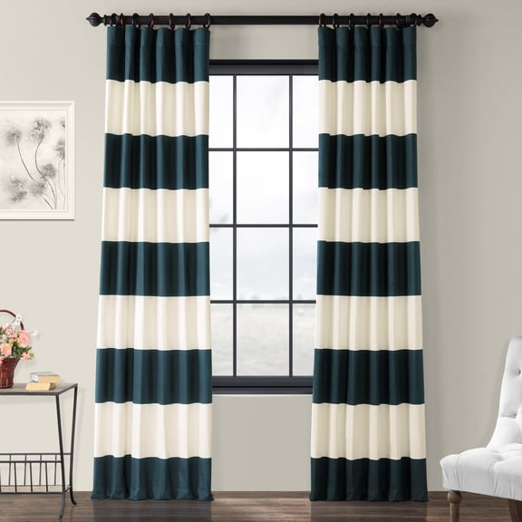 Dusk Blue & Off White Horizontal Stripe Curtain (1 Panel), Dusk Blue & Off White, 50W X 108L