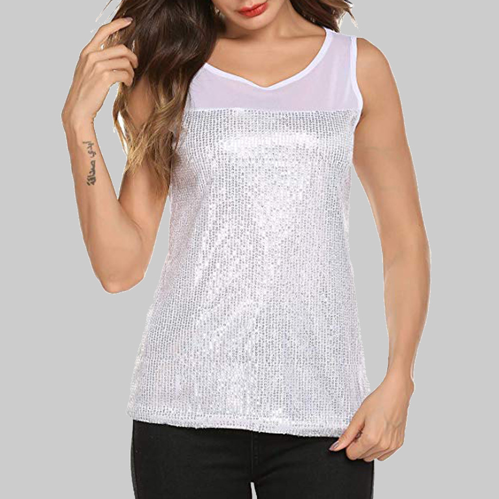 Tank Tops for Women Athletic Works Women Round Neck Sleeveless Sparkly Shimmer Sequin Sheer Mesh