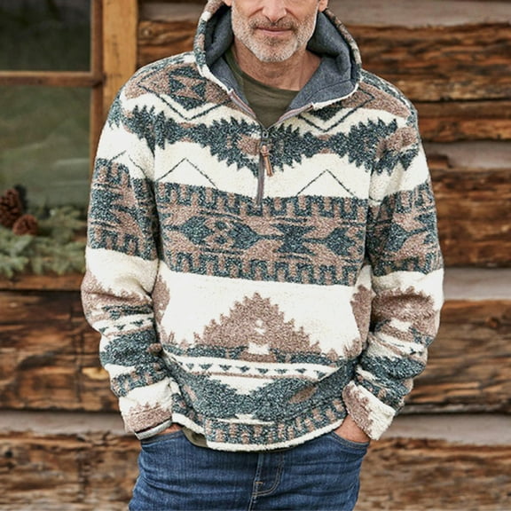 Holloyiver Men's Tribal Aztec Printed Pullover SweatshirtHoodie Fashion Outdoor Winter Warm Outdoor Ethnic Style SweaterHooded Top Khaki
