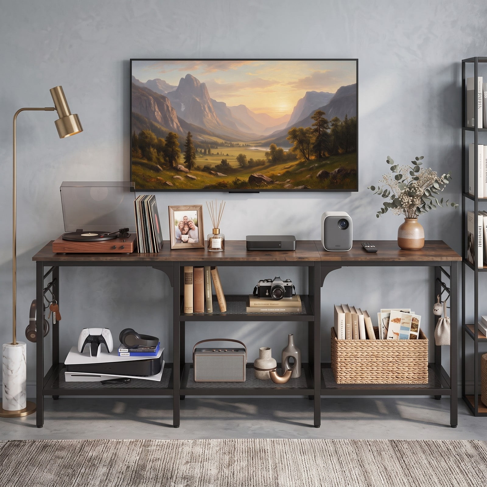 Furnibear TV Stand for TVs up to 65 Inch, 3-Tier Open Shelf Media Console with 4 Hooks, Metal Frame Entertainment Center for Living Room Bedroom, Rustic Brown & Black