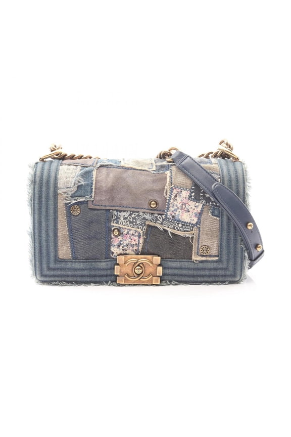 Pre-Owned Chanel Boy Patchwork Shoulder Bag Handbag Denim Women's Blue Multicolor A67086