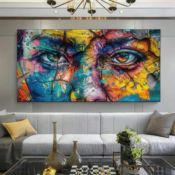 Vibrant Abstract Eyes with Cracked Texture Framed Canvas Wall Art 48x24 Inch Modern Graffiti Style Print for Living Room Bedroom Office Decor