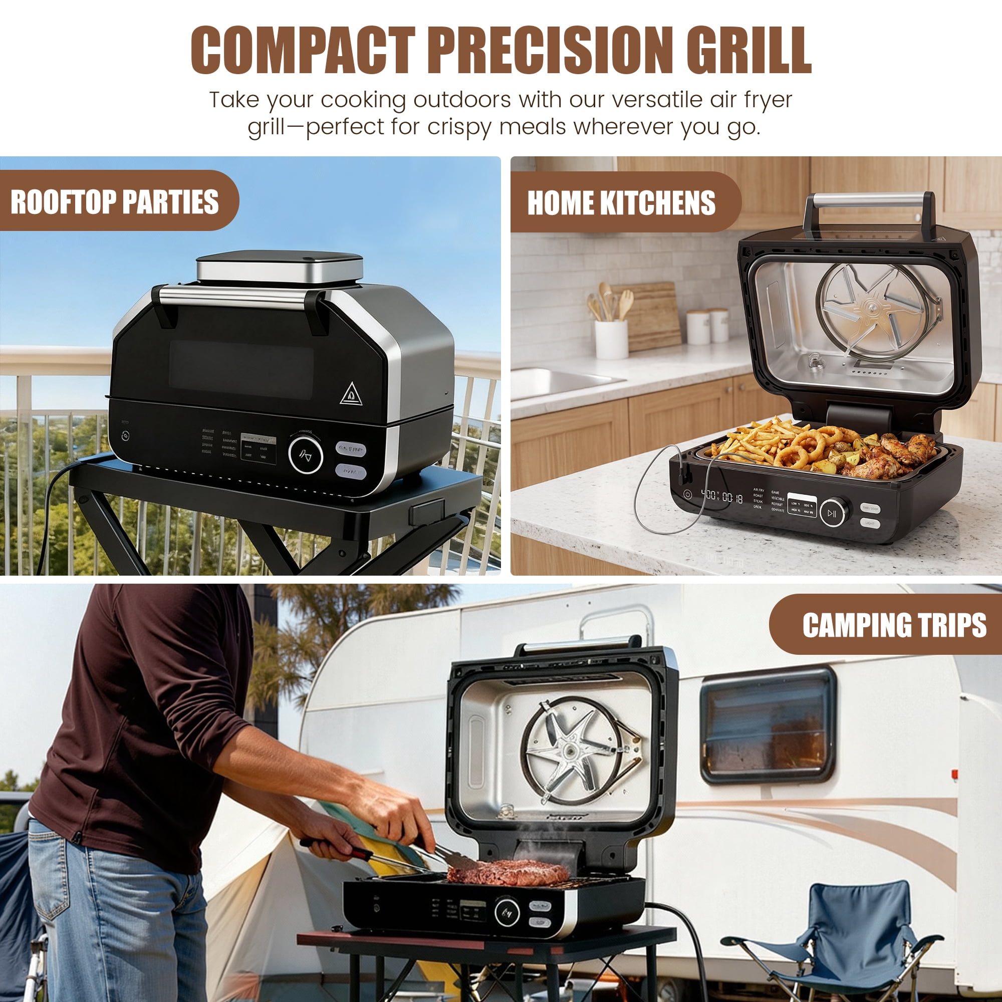 EDX Electric Air Fryer Grill Combo, 140ºF-450ºF Temperature Control, Multifunctional Steak Machine for BBQ Parties & Family Dinners, Black