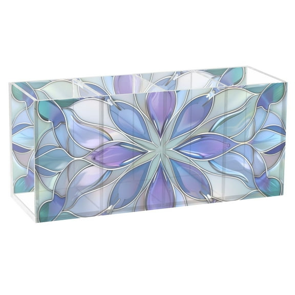 Purple Blue Floral Stained Glass Acrylic Pencil Pen Holder Cup 4 Compartments Desktop Organiser 7.87"x2.78"x3.54"