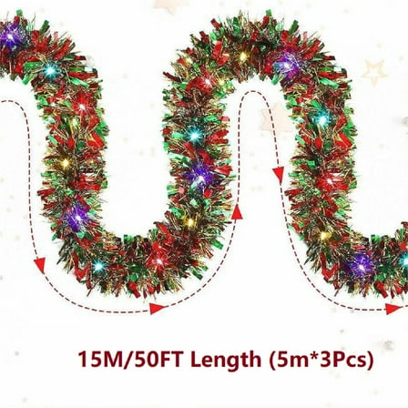 50 Feet Christmas Tinsel Garland Metallic Twist Garland Shiny Hanging Garland Ornaments for Christmas Tree Party Supplies Indoor and Outdoor Decoration (Colorful)