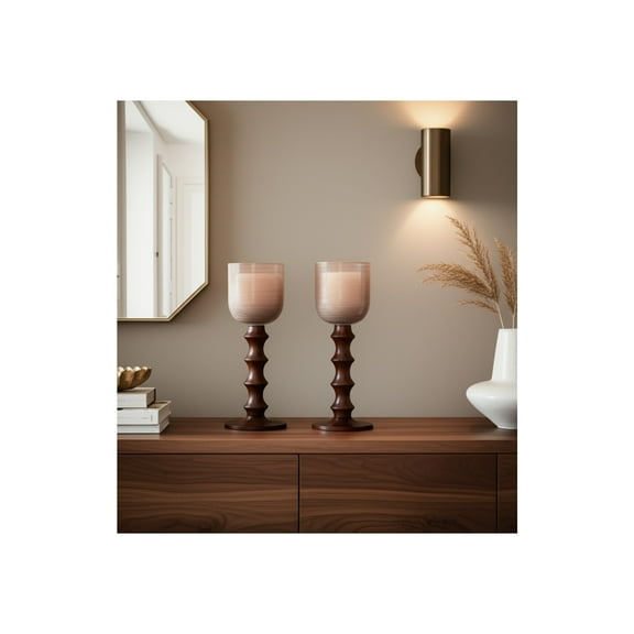 Modern Glass & Mango Wood Pillar Candle Holder - Elegant Taper Stand for Home, Office, Bedroom & Living Room - Decorative Accent - 20" Pink