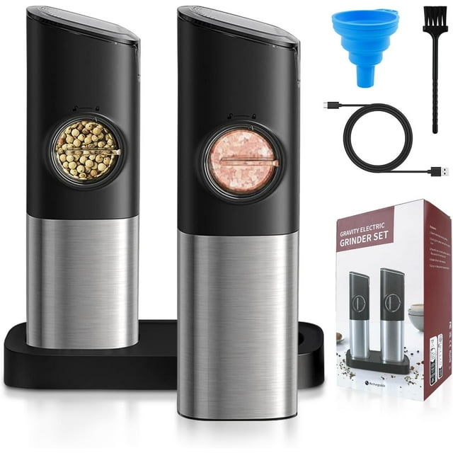 Ensemble de Moulins à Sel et à Poivre Électriques Automatiques Rechargeables Gravity en Acier Inoxydable, Salières et Poivrières, Ensemble de Moulins pour Cuisine avec Lumière LED, Couvercles Anti-Poussière, Mouture Réglable, Base de Charge Double USB