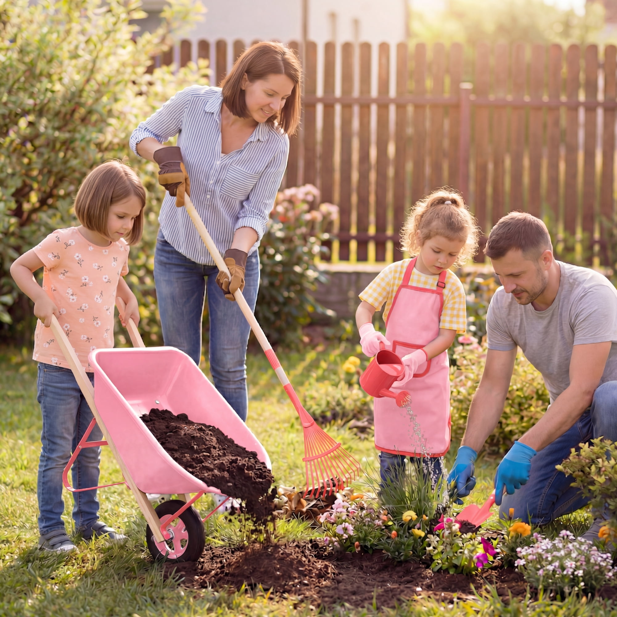 Best Choice Products Kids Wheelbarrow Gardening Tool Set 8 Piece with Metal Tools, Apron, Gloves Ages 3+ - Pink/Pink