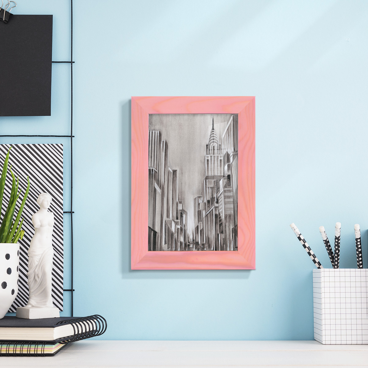 Art Deco Cityscape I -Framed Print w/glass-Sunset Pink