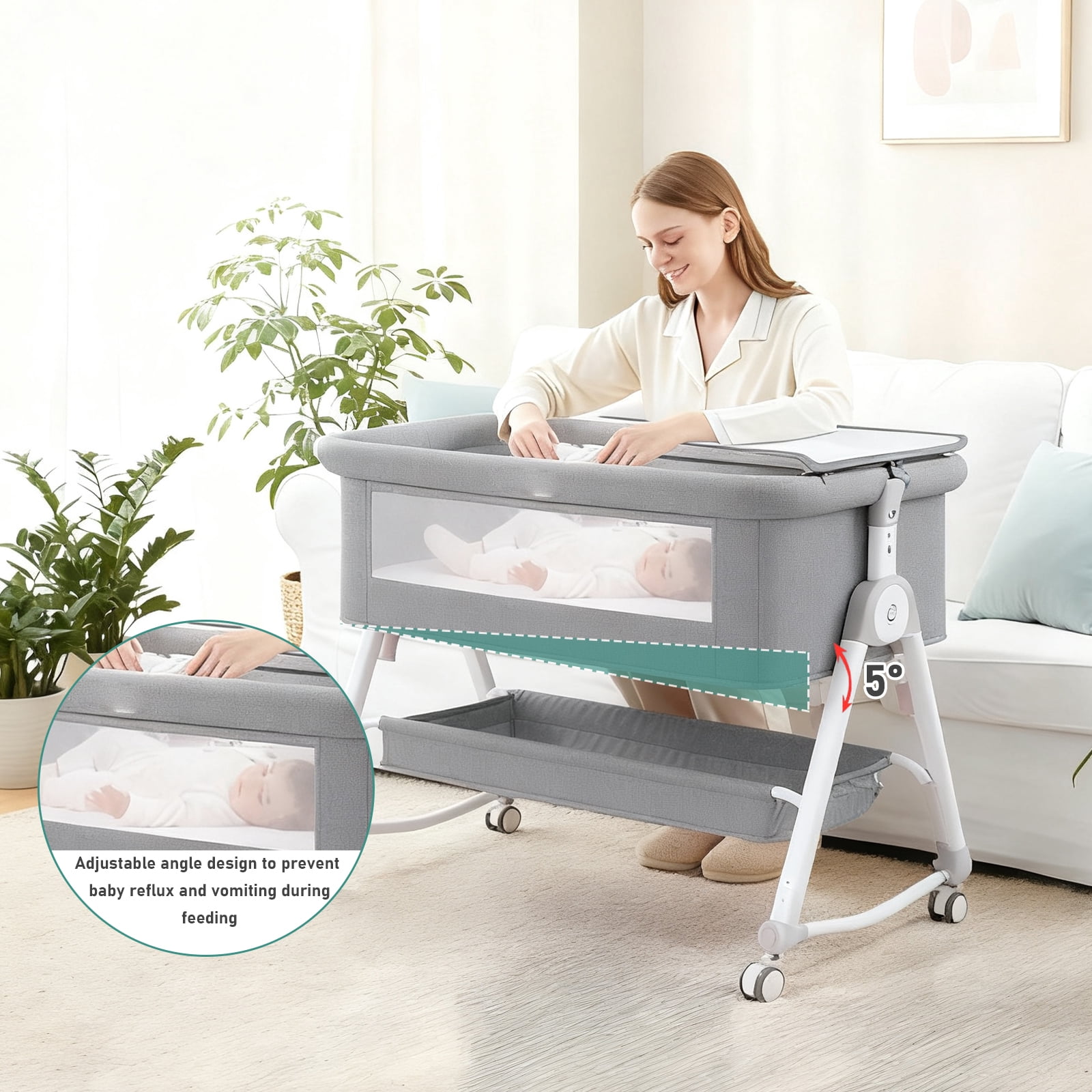 ManyFun 5 in 1 Wide Baby Bassinet Bedside with Diaper Changer with Height-Adjustable and Wheels,Gray