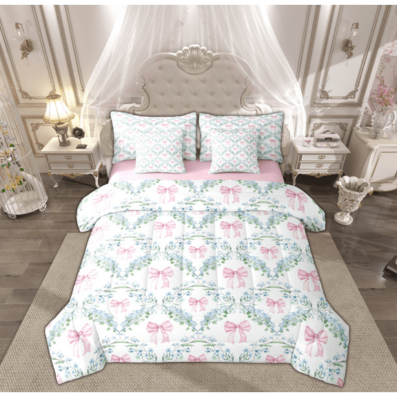 Manfei Girly Pink Bowknot Twin Bedding Sets 7-Piece for Kids, Love Heart Bedding Comforter Set, Princess Cartoon Theme Reversible Sheet Sets, Luxury Bedroom Decor