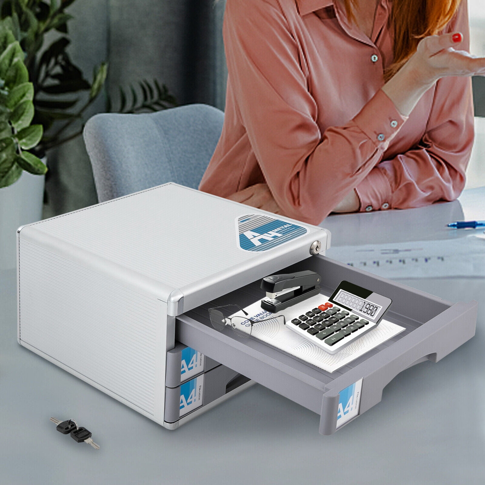 3 Tiers Desktop Drawer Organizer, Aluminum Alloy File Organizer, Lockable Drawer