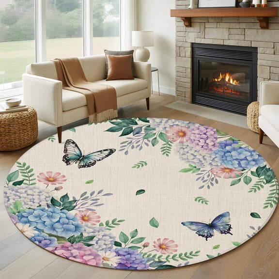 Round Area Rug 8 Ft, Watercolor Flowers Washable Non-Slip Circle Carpet for Living Room/Bedroom, Spring Floral Butterflies Botanical Beige Collection Low-Profile Large Area Rugs for Indoor