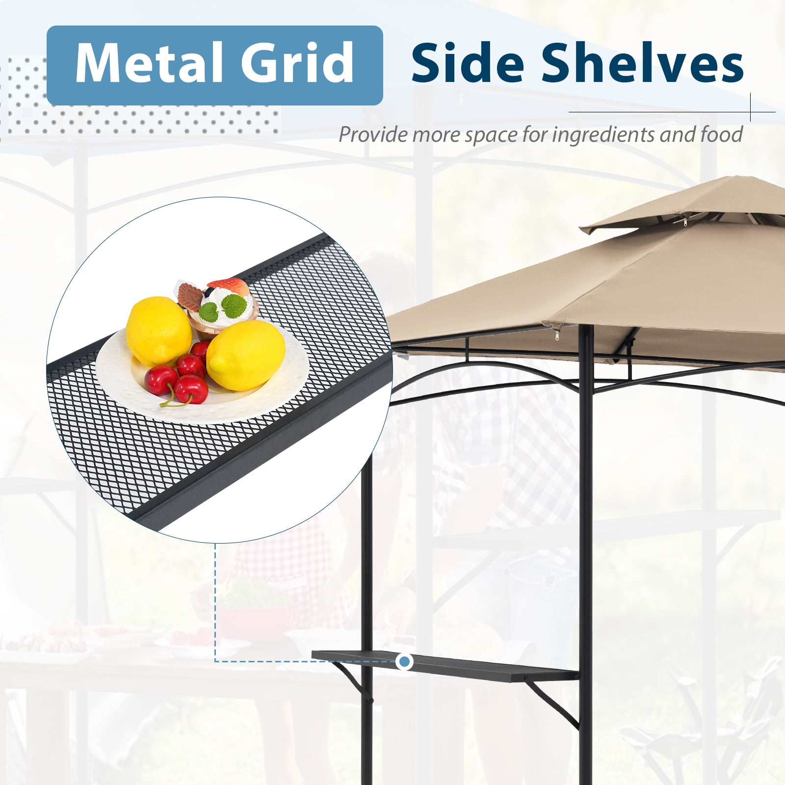 JOIVI Grill Gazebo 8 x 5 Double Tiered Outdoor BBQ Grill Patio Canopy, Backyard Barbeque Tent with Extra Shelves, Beige