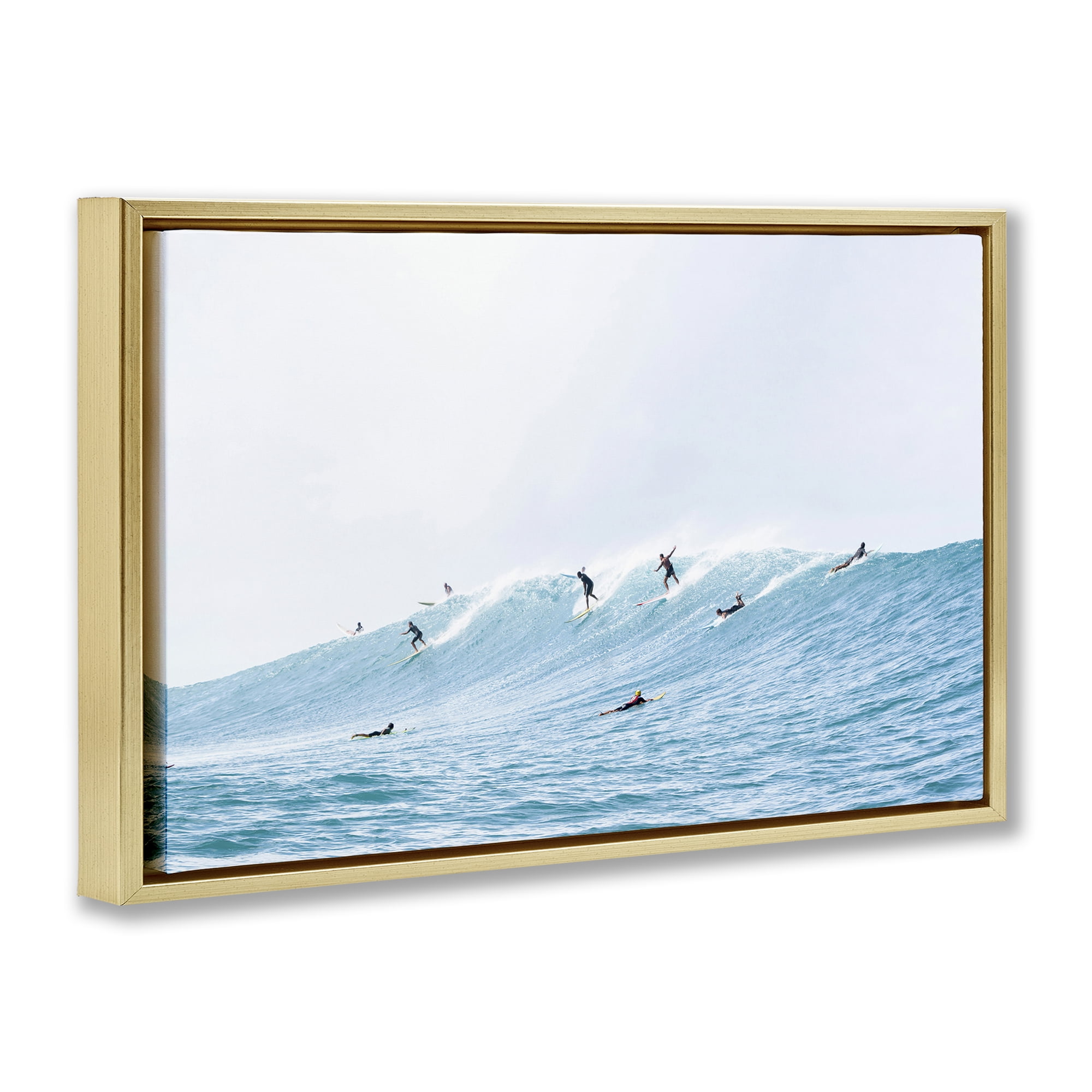 Stupell Industries Blue Wave Surfers Nautical & Beach Photography Gold Floater Framed Canvas Art Print Wall Art, 31 x 21