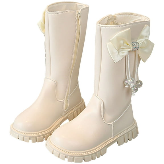 Girls Mid Calf Riding Boots Kids Child Zip up Bow Princess Booties Plush Warm Chunky Long Boots