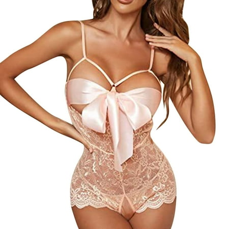 Sexy Lingerie for Women Floral Lace Bowknot See Through Teddy Bodysuit Crotchless One Piece Valentines Naughty Lingerie Pink M