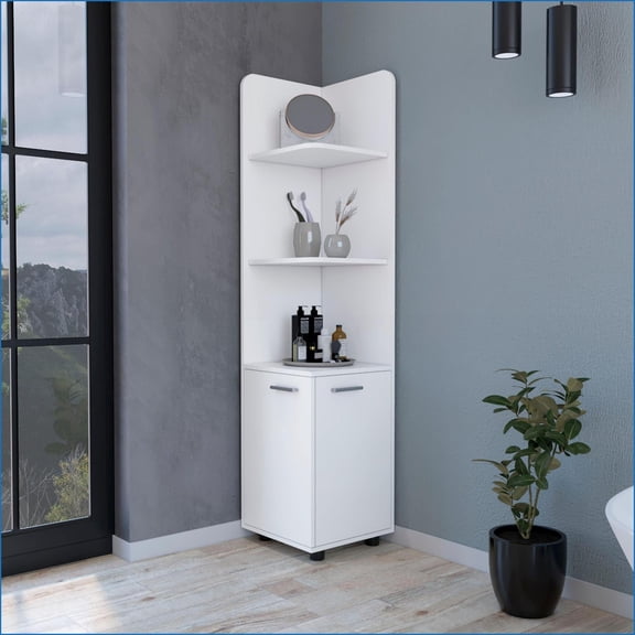 Bathroom Corner Shelf with 3-Tier Open Shelves & 2-Door Cabinet, Modern | Engineered Wood | Off-White