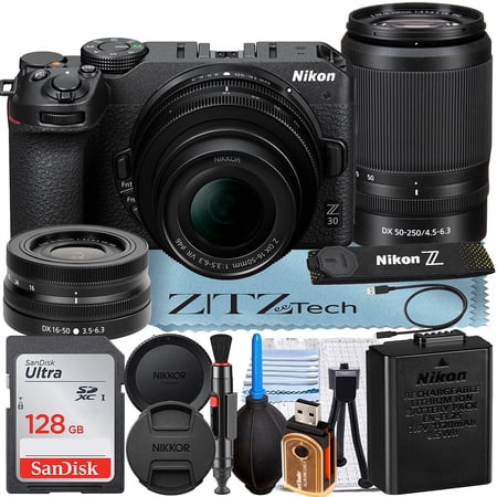 Nikon Z30 Mirrorless Camera with NIKKOR 16-50mm + DX 50-250mm Zoom Lens + SanDisk 128GB Memory Card + ZeeTech Accessory Bundle