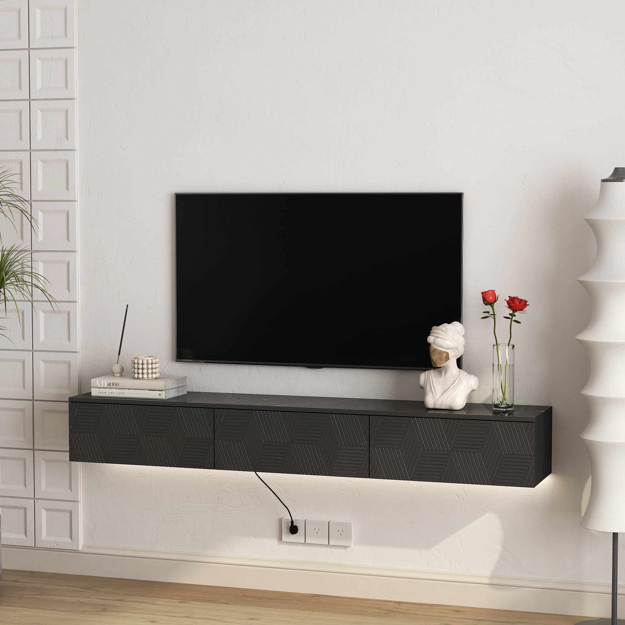 Aukfa Floating TV Stand Wall Mounted for TVs up to 70" with LED Light & Power Outlet,Black