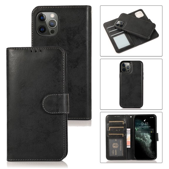 Wallet Case for iPhone 14 Pro Max, Retro PU Leather Surface   Magnetic Detachable Shell Flip Kickstand [Cash Pocket & Card Slots] Drop Resistant Full Protective Folio Business Case, Black