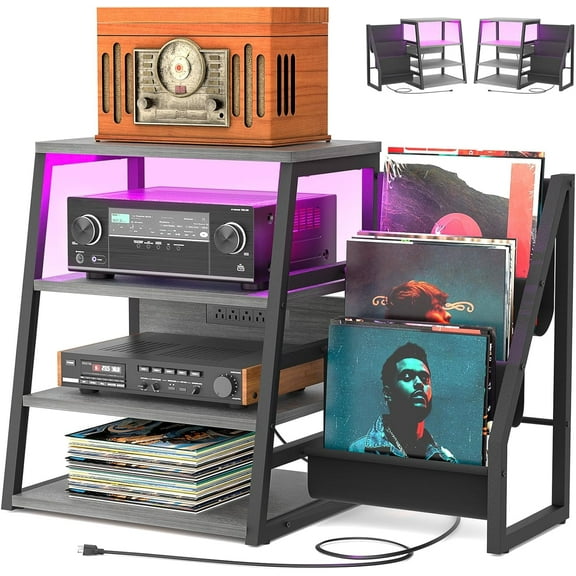 Aheaplus 4-Tier Compact Media Console, Vinyl Storage Shelves Built-in Power Outlets & LED Lights,White Oak