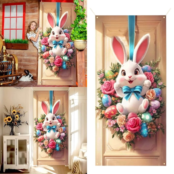 Happy Easter Door 025 Spring Easter Bunny Hanging Decoration For Front Door Easter Theme Party Decorations For Door Wall Indoor Outdoor 70. X 35.4 Inch Flags_ Banners & Accessories Easter Decorations